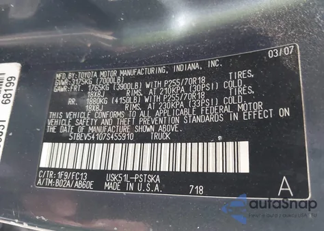 2007 Toyota Tundra Sr5 5.7L V8 z USA, uszkodzony, nr VIN 5TBEV54107S455910